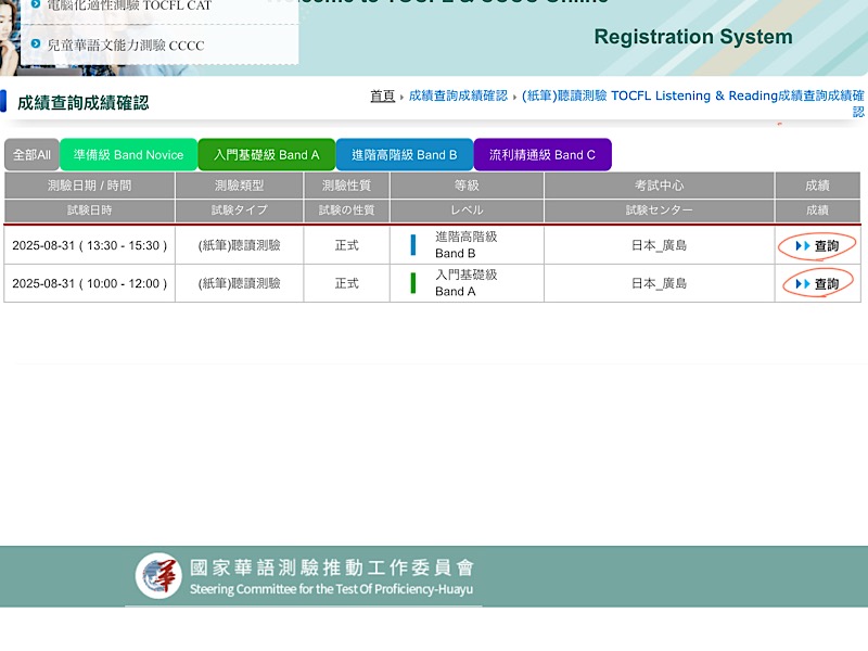TOCFL 公式サイト試験結果の見方